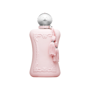 Parfums de Marly Delina parfum fles. Roze met een roze kwastje aan de dop. Dop is zilverkleurig.