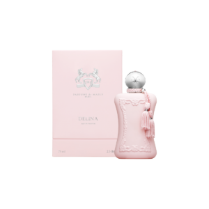 Parfums De Marly Delina in Roze fles met roze veroakkingsdoos ernaast