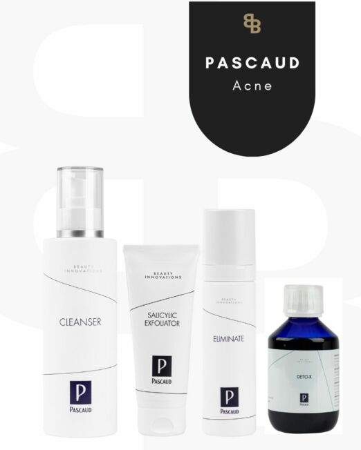 vier pascaud producten op een rij om acne te verminderen. Met logo van Beaute house of skin