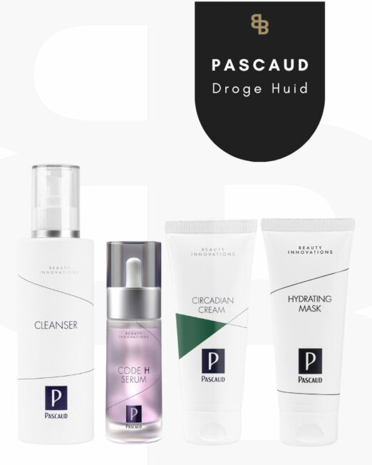 4 producten op een rij van Pascaud om een droge huid te verminderen met logo van Beauté house of skin