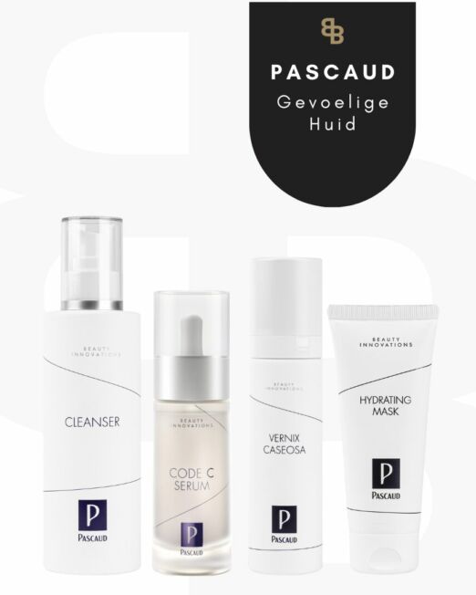 4 producten van pascaud op een rij voor de gevoelige huid. Met logo Beauté house of skin