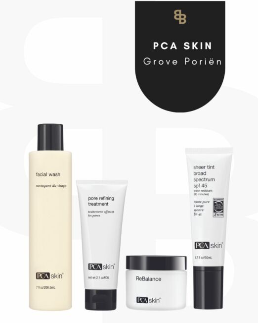 vier producten op een rij van het merk PCA skin met als doel om grove poriën te verminderen. Logo beauté house of skin