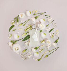 Parfum de Marly Valaya Parfumfles in het midden met er omheen de ingrediënten zoals witte bloemen gelegd in een cirkel.