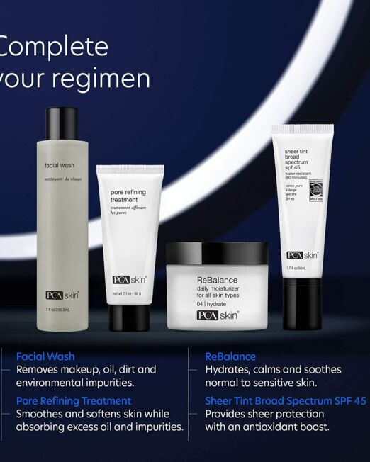 vier producten op een rij van PCA Skin met als doel grove poriën te verminderen met logo van Beauté house of skin