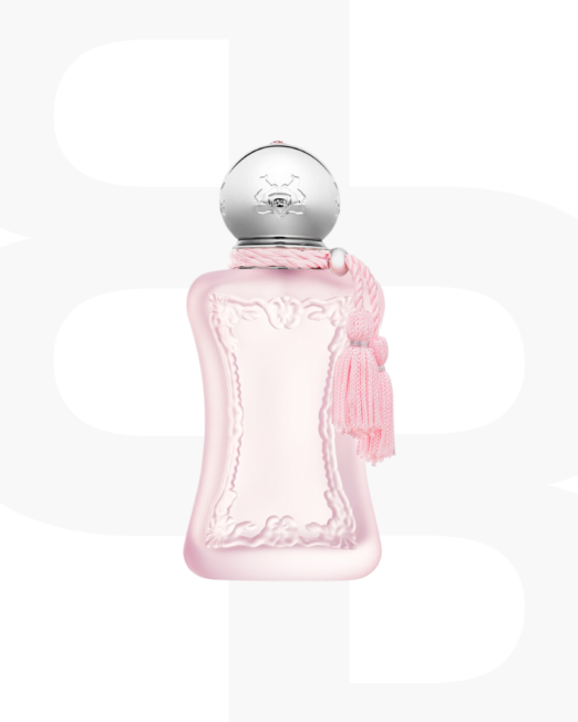 Parfums de Marly Delina La Rosee roze parfum fles met twee rose kwastjes en een zilverendop met een strassteentje