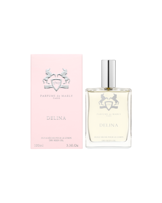 Roze luxe verpakkings doos met transparant flesje ernaast met Delina Body oil van parfums de marly