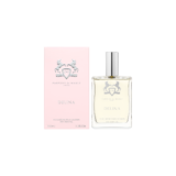 Roze luxe verpakkings doos met transparant flesje ernaast met Delina Body oil van parfums de marly