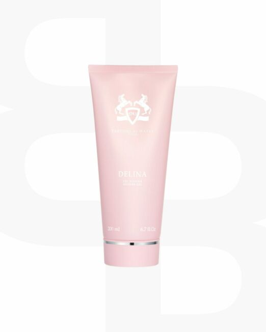 Roze Tube Parfums de marly Delina Showergel met een witte achtergond